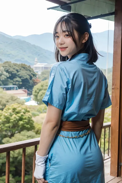 masterpiece, highest quality, default lin, blue clothes, pelvic curtain, sash, fingerless gloves, Are standing, looking at the viewer, stream, plain, Mountain, (from behind), smile, calm expression