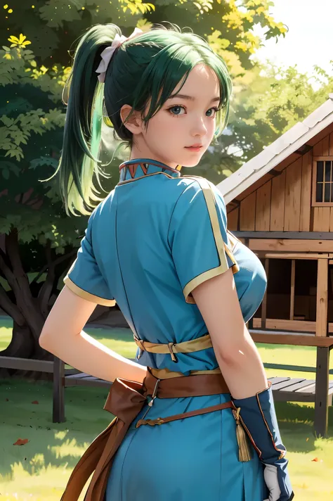 (masterpiece, best quality),  intricate details,
1girl,   lyn_(fire_emblem), 1girl, solo, ((green hair)), long hair, green eyes, high ponytail, blue dress, large breast, jewelry, fingerless gloves. hair ornament, lyn_(fire_emblem),
shooting range, she is h...