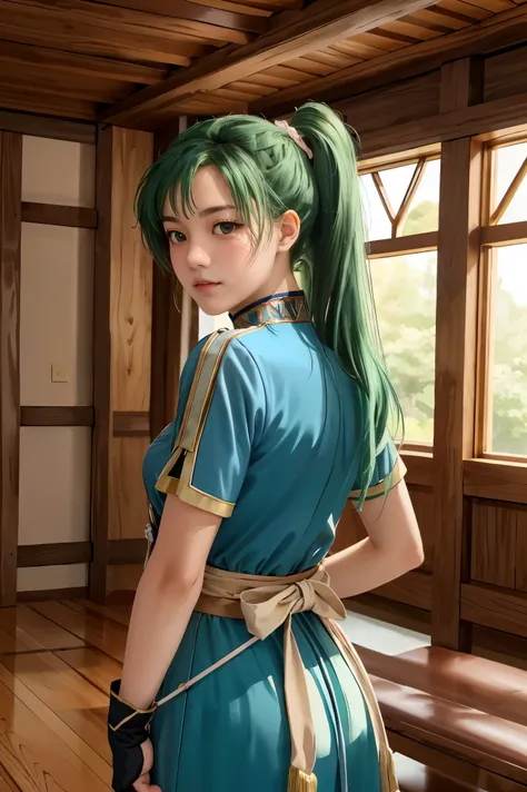 (masterpiece, best quality),  intricate details,
1girl,   lyn_(fire_emblem), 1girl, solo, ((green hair)), long hair, green eyes, high ponytail, blue dress, large breast, jewelry, fingerless gloves. hair ornament, lyn_(fire_emblem),
shooting range, she is h...