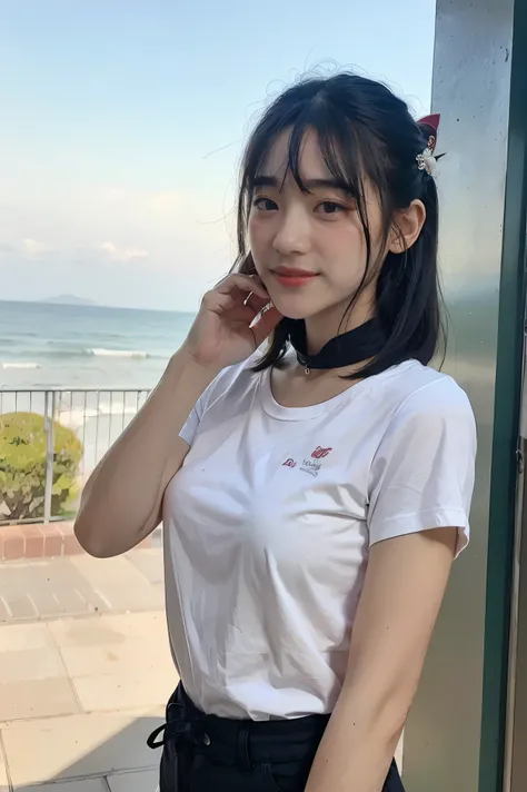 (8k, RAW Photo, Best Quality, Masterpiece:1.3),(Real,Photo:1.37),(Looking at Viewers:1.331),(Black Hair),Pose,Beachfront,Morning View,Sunrise,Clear Sky,1Girl,Very Beautiful Face,Small,Put Your Hands Down,Pony Hairstyle,Weight Hair,Fluffy Hair,Shoulder Leng...