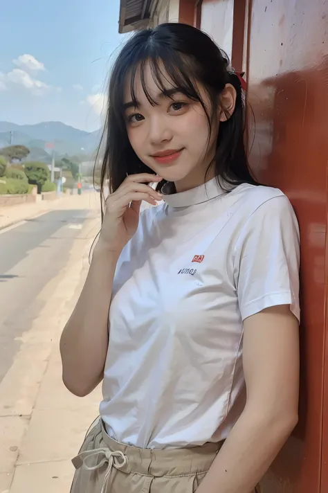(8k, RAW Photo, Best Quality, Masterpiece:1.3),(Real,Photo:1.37),(Looking at Viewers:1.331),(Black Hair),Pose,Beachfront,Morning View,Sunrise,Clear Sky,1Girl,Very Beautiful Face,Small,Put Your Hands Down,Pony Hairstyle,Weight Hair,Fluffy Hair,Shoulder Leng...