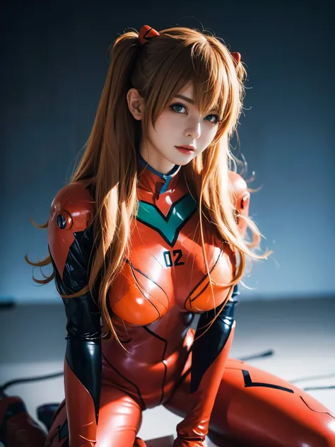 best quality, masterpiece, Realistic, photoRealistic, 1 girl, Alone, staring at the viewer , whole body, Kneel, Long Hair, asuka cosplay costume, cosplay, PLUG SUIT, bodysuit, Hair Accessory, simple background,