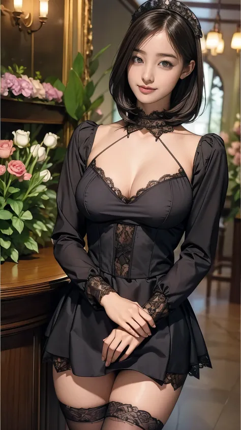 (masterpiece:1.2,  best quality), (Realistic, photoRealistic:1.4), Very thin:1.5,  beautiful illustration 、 the audience, (((Lace Gothic Maid Outfit))) 、Saggy Breasts:1.5,  cleavage, Very thin:1.5,  perfect face,   cute symmetrical face , shiny skin, 
 ver...