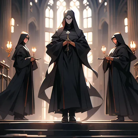 arafed three people in black robes standing in front of a church, dark robes, wearing dark robes, menacing statues, hooded figures, black robes, two hovering twin nuns, wearing black medieval robes, full height sculpture, levitating twin nuns, wearing blac...