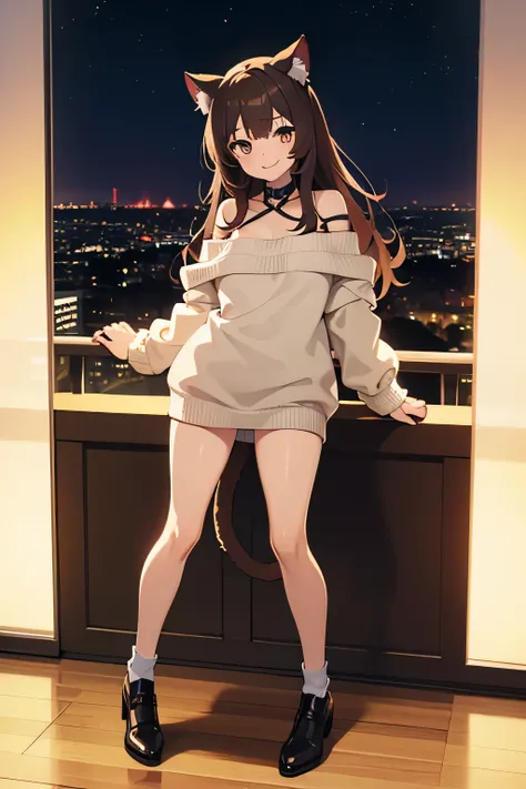 woman,  full body  ,smiling,long brown hair , brown furry cat ear  ,brown eyes,  burgundy long sweatshirt, uncovered shoulders,  cream and gold shoe ,  night bottom with bright lights , anime