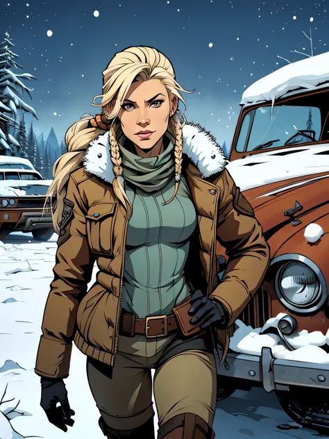 Flat colours, Kathryn Winnick as a post-apocalyptic bounty hunter, practical winter clothing, winter jacket, wrecked cars, snow, blonde dreadlocks