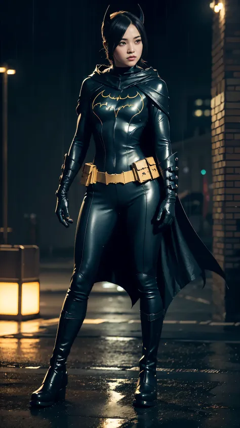 a full-body view of a girl wearing a batgirl-inspired combat suit stands on a sidewalk in gotham city at night. she is dressed i...