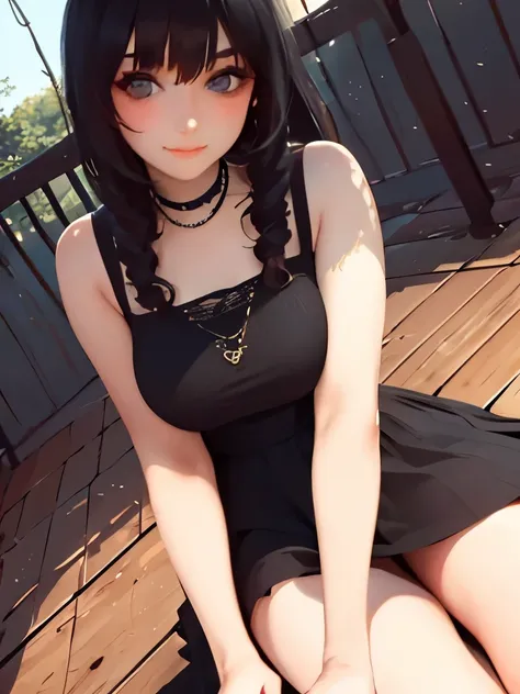 araffed woman sitting on a wooden deck , a portrait inspired by Ayami Kojima, reddit, gothic art, 1 7 - year - old goth girl, young beautiful amouranth, 