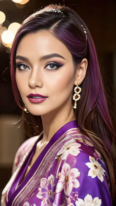 Realistic, Highest quality, 8k, woman, 20-year-old, Sakura pattern kimono, Large Bust, Long Hair, Ultra-detailed skin textures, Soft Lighting, Fairy, Bokeh, purple Lipstick, Sensual Lipstick, Sensational Make up 