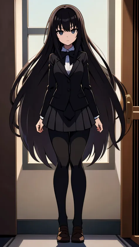 in door, in empty room, moon light, anime style, ultra high res, best quality, ultra detailed, wearing a black blazer, school un...