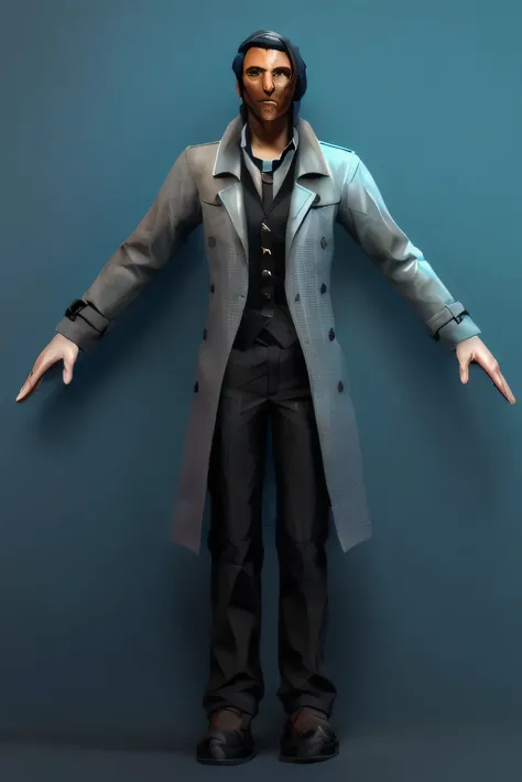  a person in a blue coat and brown pants, highly detailed character, high detail character models, 3dcoat, 3 dcoat, hand painted textures on model, in-game 3d model, marvelous designer, full body shot hyperdetailed, character model, cinematic full characte...