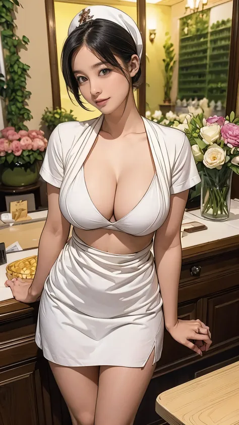 (masterpiece:1.2,  best quality), (Realistic, photoRealistic), (saggy breasts:1.5, saggy tits:1.5, Thin fabric,  cleavage,  very thin thighs:1.5),  Written Boundary Depth,  the audience,  perfect face,  cute face, ( very short hair,  black hair),   Beautif...