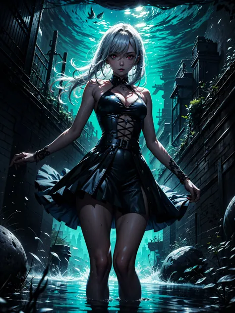 (High Detail:1.2) Anime girl, (Best quality, Detailed), Top quality, high resolution, perfect human structure, 1girl, (solo), medium loose hair, white hair, (red eyes), serious, gravelly:1.3, dark:1.2, fair skin, black shirt, little black skirt, black stri...