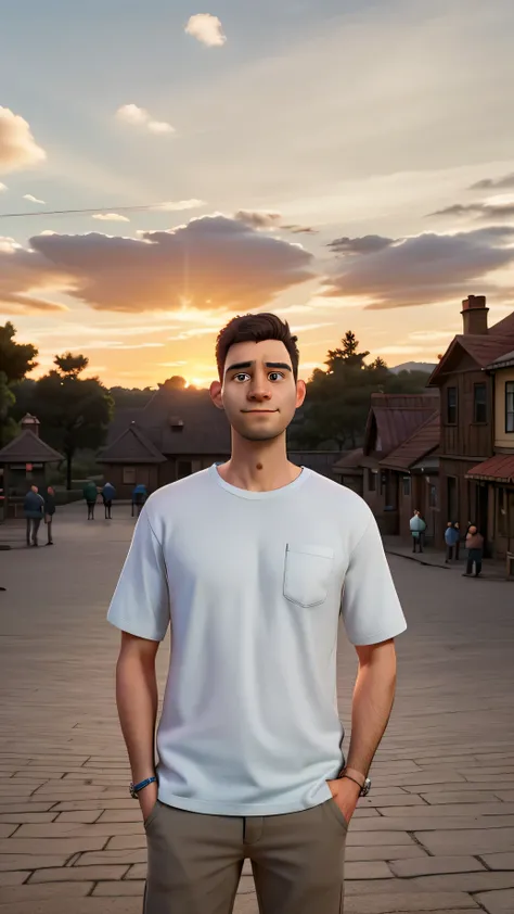 arafed man standing in front of a crowd of people at sunset, twitch streamer / gamer ludwig, professional picture, sunset in the background, forrest in the background, daniel dociu, vacation photo, luka mivsek, photo taken in 2 0 2 0, michal, by Emma Andij...