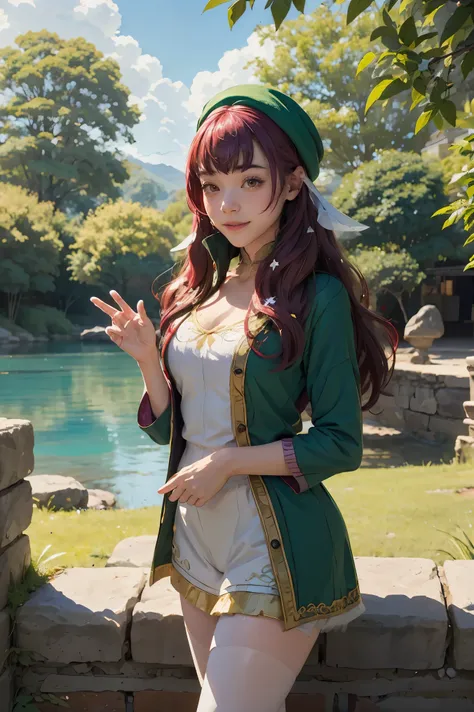 best quality, (masterpiece:1.2), illustration, absurdres, (1girl, solo), (beautiful detailed girl),, Aeolia, lilac hair, long hair, red eyes, medium breasts,, happy, cheerful,, green hat, hat with feather ornament, green dress, green coat, (fantasy:1.1) (...