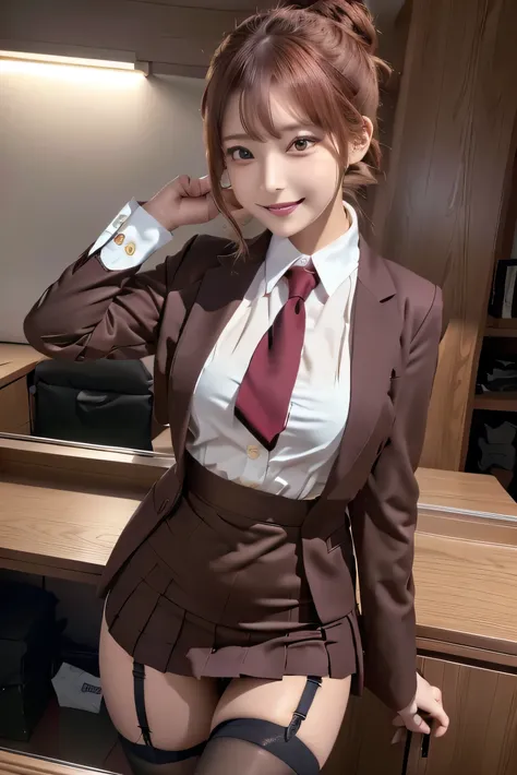 （8k、 RAW Photos、 best quality、masterpiece:1.2、 high definition :1.1、 super real :1.4)、(Bright office:1.15)、working masochistic female secretary 、 angle from behind、(Random sexy pose)、(brown red gold red silver hair 、 bun hair、 shortcuts、 Tanned Skin、Small ...