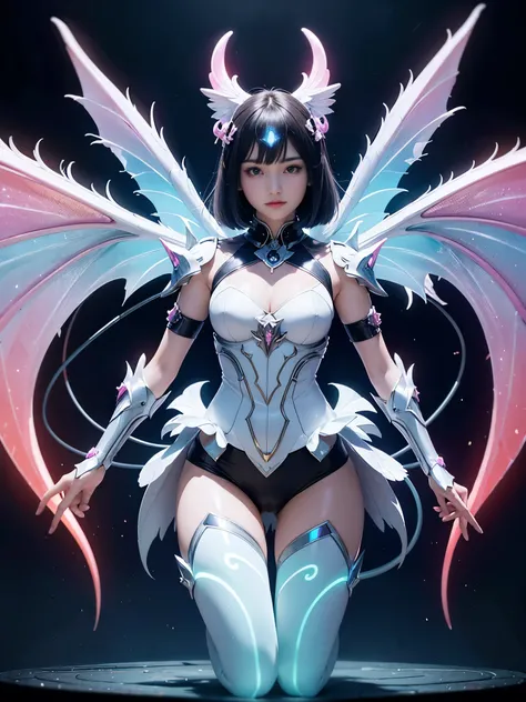 1girl, Armor, Wings, beautiful dragon, futuristic evolved Nekomata, (Neon glowing body), 2 tails, holographic, (The wings are symmetrically paired;1.5), Long shot,
