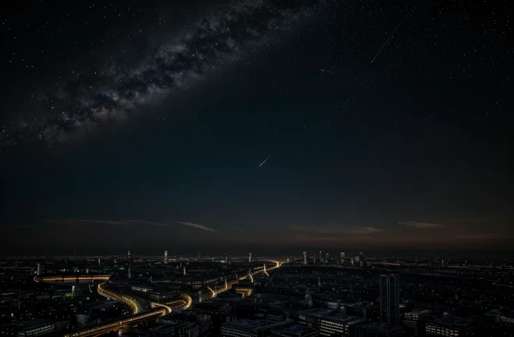 central london skyline in a world wide power blackout with no light pollution sky loads of stars amd nebula also planets clearly visible in the skyline in the distance
