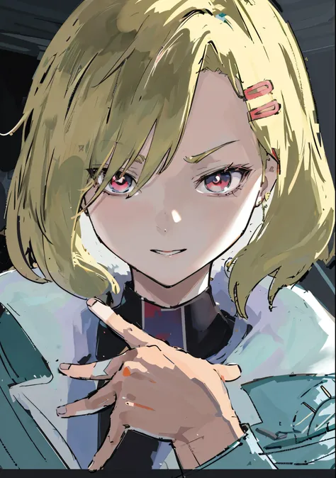 Anime girl with blonde hair and red eyes holding mobile phone, portrait anime space cadet girl, demon slayer rui fanart, Female protagonist 👀 :8, with index finger, by Puru, heavy gesture style closeup, [[[[grinning evily]]]], unknown artstyle, anime style...