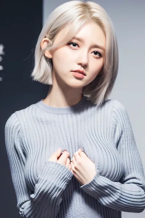 bob cut from the front,   silver-haired,  knitted sweater, (( your own chest from a horizontal oblique angle)),  upper body