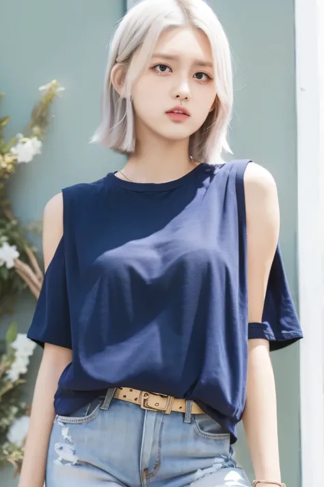 (( best quality, masterpiece)),  bob cut from the front,   silver-haired, camisole blouse, jeans　 shorts