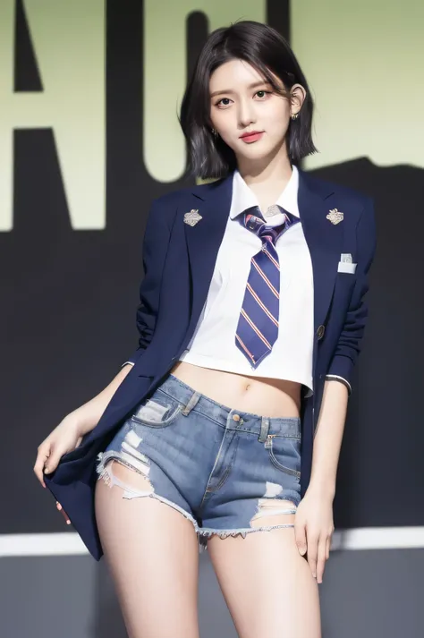 (( best quality, masterpiece)),  bob cut from the front,   silver-haired, (( school uniform)), jeans　 shorts, whole body, bare t...