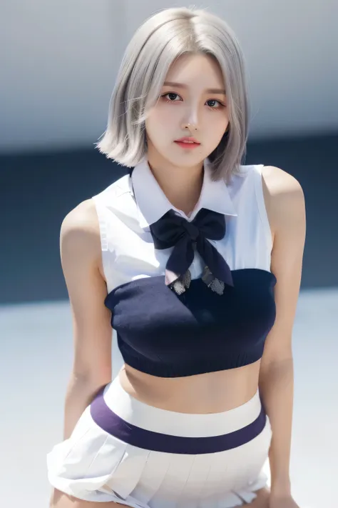 (( best quality, masterpiece)),  bob cut from the front,   silver-haired, (( school uniform,  school uniform with skirt)), jeans...