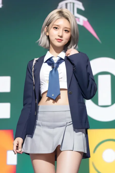 bob cut from the front,   silver-haired, (( school uniform:1.4)), jeans　 shorts, whole body, bare thigh, standing on stage, (( u...