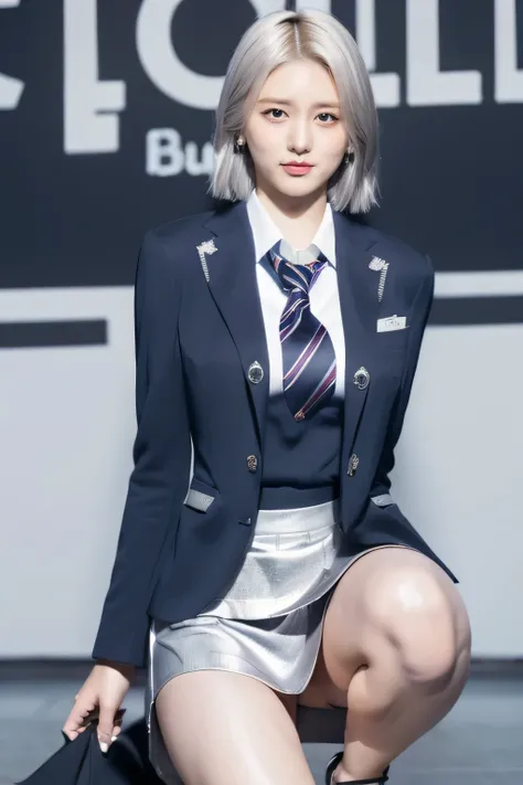  bob cut from the front,   silver-haired, (( business suit,  tight skirt:1.4)), jeans　 shorts, whole body, Bare thigh, Crouching on stage,  panties