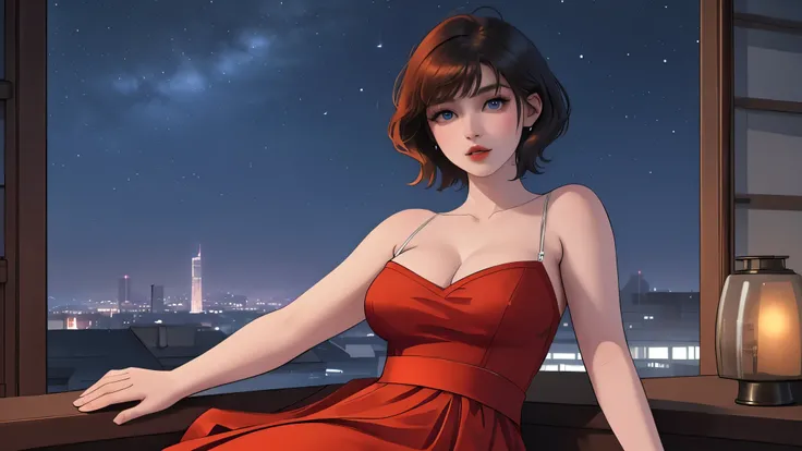 A Young girl short auburn hair with big breasts sits with her legs stretched out, taking a realistic photo, with short auburn hair sits on the edge of a rooftop at night, gazing out over a quiet cityscape illuminated by distant city lights. She is wearing ...