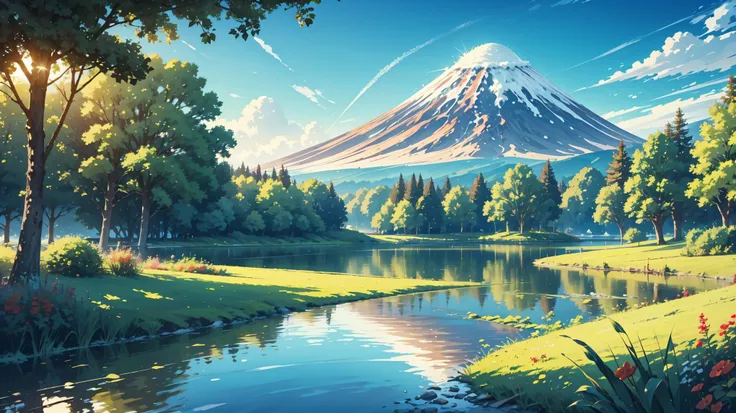 Create a view of a lake with vegetation on the banks and volcanoes in the large background, Bright sun daylight,