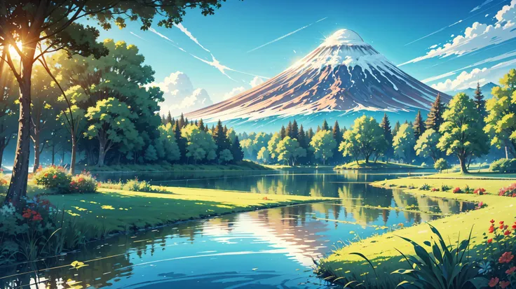 Create a view of a lake with vegetation on the banks and volcanoes in the large background, Bright sun daylight,