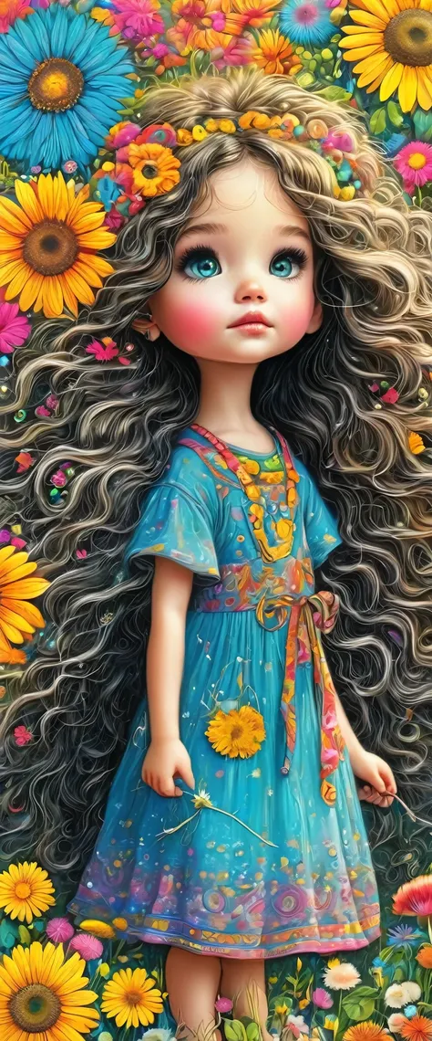 , un dibujo de una niña con un signo de la paz y un bolso, un boceto a lápiz de color inspirado en Ammi Phillips ,  cg society, ganador del concurso , toyism, Hippie girl, hippy, Hippie chic, Hippie fashion, hot summertime Hippie, 1 9 8 0 s flower power hippy, coloreado con muchos colores, coloreado en, Hippie, AniPnyXLQual, (negative_v2 Color_Balance_Calibration:0.8), eznegativexl,