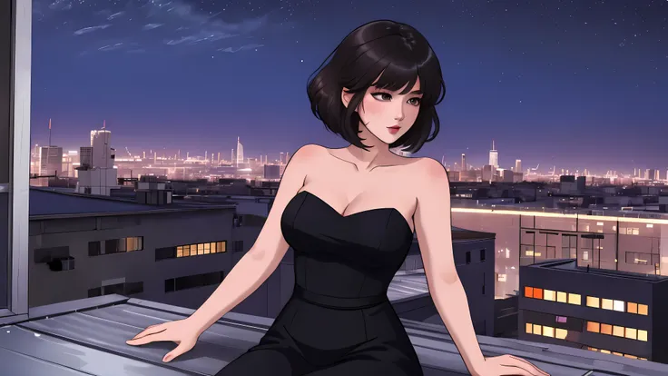 A Young girl short auburn hair with big breasts sitting on a ledge overlooking a city at night, sits on a rooftop, on a rooftop, anime girl wearing a black dress, seductive anime girl, overlooking a modern city, city in the background, in a rooftop, sittin...