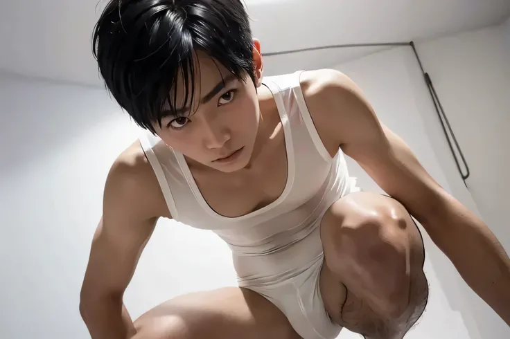  Japanese　　 handsome　Short cut　 black hair　male　Slim figure　 Im thin　Clear white rubber singlet 　　 angle looking up from below　Cross the camera youre shooting and hold your crotch　Squatting to show your butt　Leg spread　 No Background 