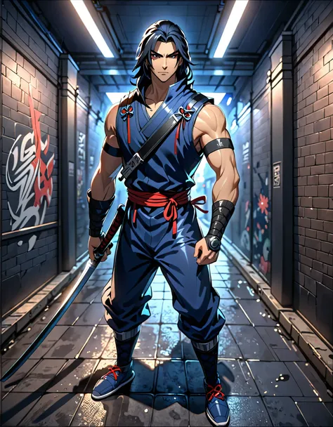 best quality, masterpiece, hires, 8k, solo, solo focus, highly detailed, 1male, male focus, ninja assassin with a sword, sleeveless dark blue uniform, standing straight, new York, sewers, indoors, nighttime, full body shot, fix hands