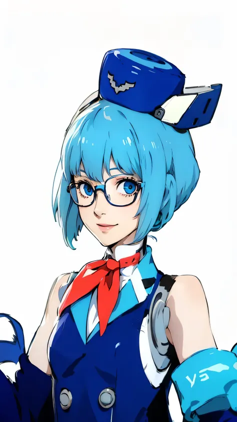 1 cyborg girl, blue eyes, hay, blue hair, glasses, smile, uniform, white background