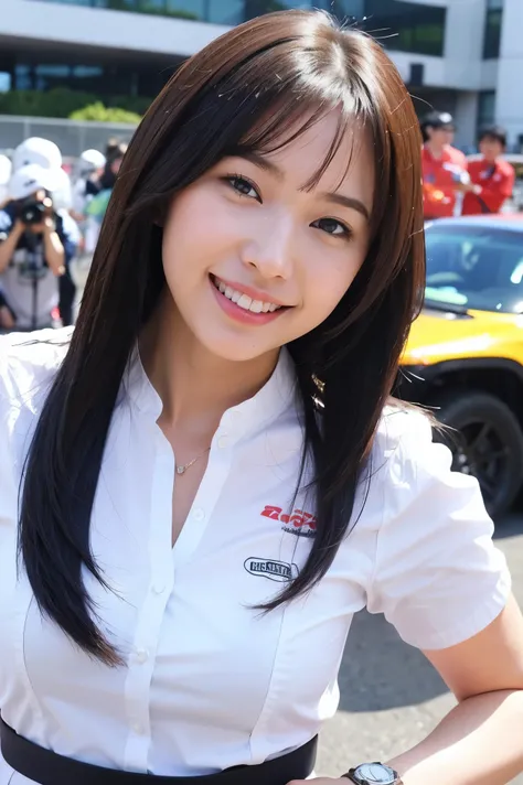 (Detailed body、 detailed face 、 best quality :1.2)、woman、 watch viewers 、(smile、 Race Queen、Grid Girls、世界で最も美しいwoman)、(Car Racing Venues )