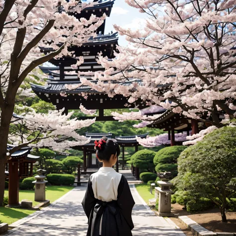 ((masterpiece,best quality)),2girls, black kimono, black legwear, black ribbon, black hair, cherry blossoms, day, flower, hair bun, hair ribbon, japanese clothes, kimono, long hair, looking at viewer, looking back , multiple girls, belts, outdoors, red eye...