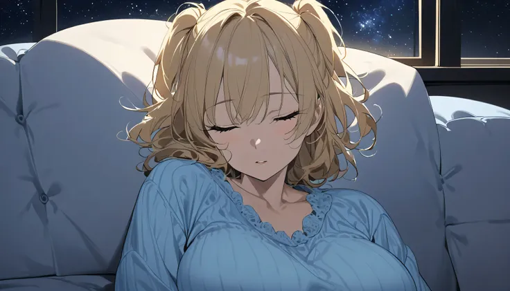  1 girl、Blonde、 TWO SIDE UP 、 close your eyes 、 Big Breasts 、light blue loungewear、Sit on the big sofa、sleep、front、Full body portrait、Well tidy room、night、Starry sky seen from the window、Warm Light