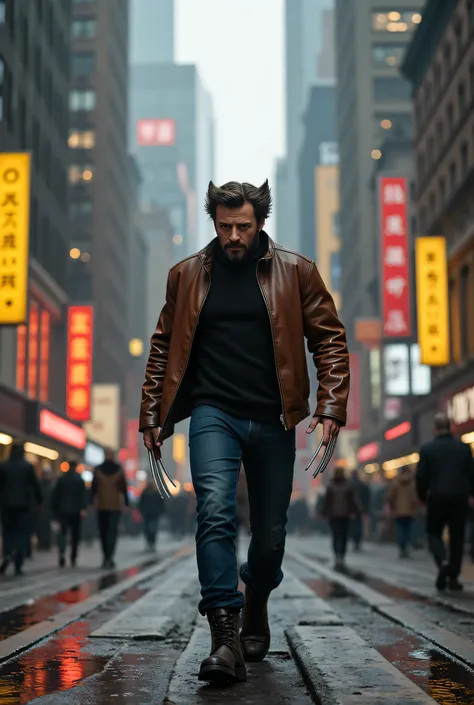 in the center of the image, Wolverine walking in the city center, Ultra HD quality, best quality, high quality, realistic, sharp quality, ultra-realistic and realistic, best quality, city scenery.