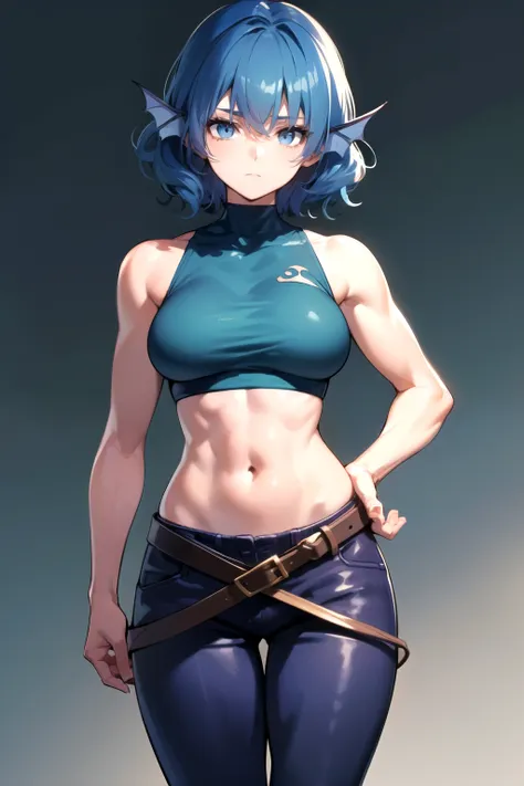 wakasagihime, 1women, age 20, medium breast, thick thighs, blind, narrow eyes, blue hair, short hair, head fins, sleeveless crop top, cloth pants, silk, monk, medieval, fantasy, blank expression, focused, sharp look, hands down, masterpiece, best quality, ...