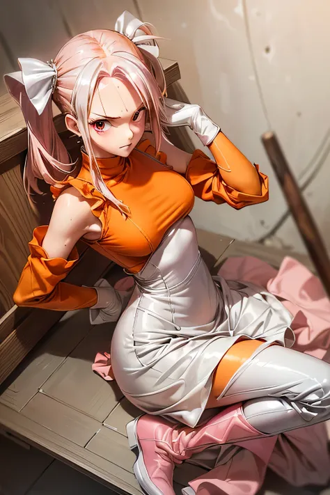  best quality, highest resolution,((( orange clothes　 One Piece Dress　 long skirt　Silver Boots　White opera gloves　 pink hair　sweat)))  Metal Max 2 Reloaded　 long twin tails　Red Eye　wilderness　desert