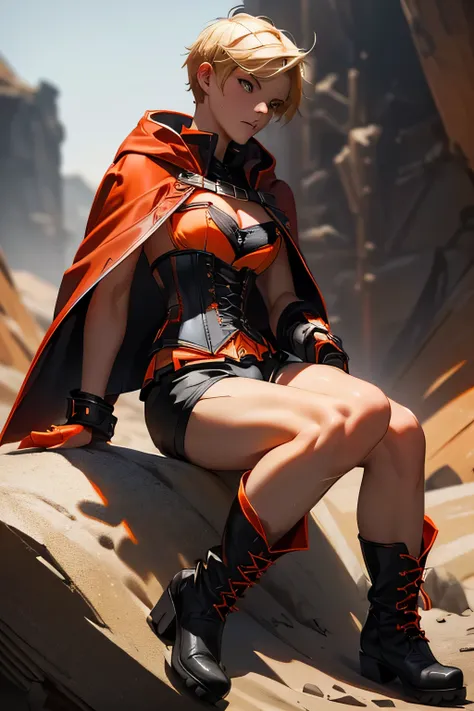  perfect anatomy　 best quality, highest resolution,((( Black Short Hot Pants 　 black and orange half corset　 red cloak　 black boots　Blonde　 short hair on the nose 　sweat)))　 Metal Max 2 Reloaded　Lena　　wilderness　desert　cute