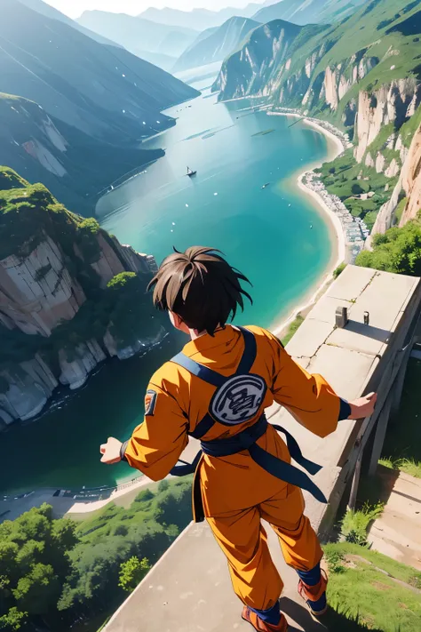 The view is a  ， wearing a martial arts suit from the Dragon Ball Z anime，View the village from a birds-eye view