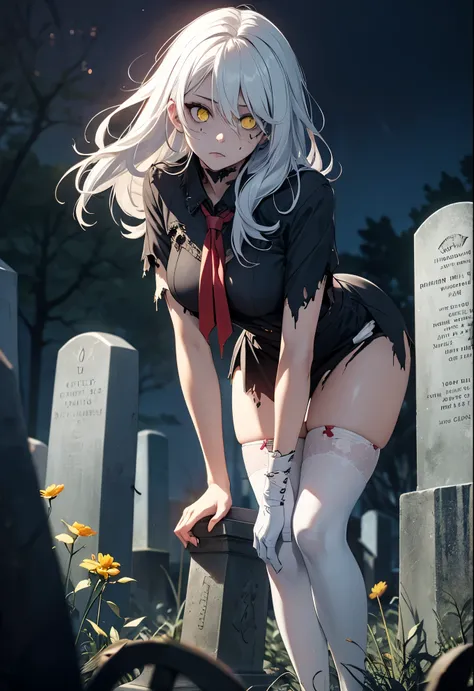 zombie girl, undead, light blue skin, body stitches, white hair, detailed yellow eyes, torn stockings, torn up clothes, red ribbons, standing next to a gravestone, bent over, cemetery, night time, beautiful movie quality lighting,