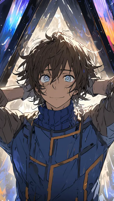 A man brown messy mid-lenght hair, blue uniform (black turtleneck under uniform), inside cheap cosmic ship, hands behind head, blue-grayed eyes, closed smile on face, camera close to face, high quality face