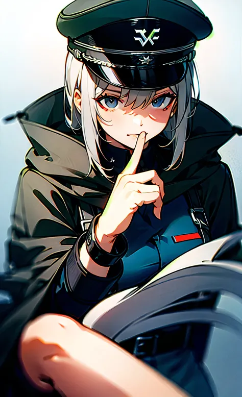 Nazi military cap uniform，Light gray hair，Dark gray eyes，handcuff，shawl，tmasterpiece，Need