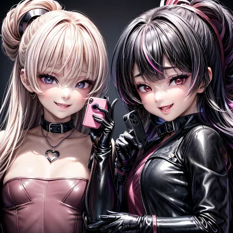 (kawaii), (evil valley girls), (under teen:1.4), (long leather coat:1.5), (two girls:1.6), (couple:1.6), (shiny latex lingerie:1.2), (leather gloves:1.5), (holding a smart_phone in each hand:1.5), (upper body), collar, (jewelry), colorful, (anime face:1.2)...