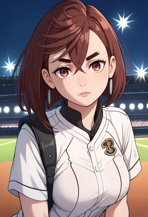 momo ayase, short hair, brown hair, brown eyes, bangs, thick eyebrows, medium breasts, in a black baseball uniform with red details, (red eye) smiles, in an empty baseball stadium at night